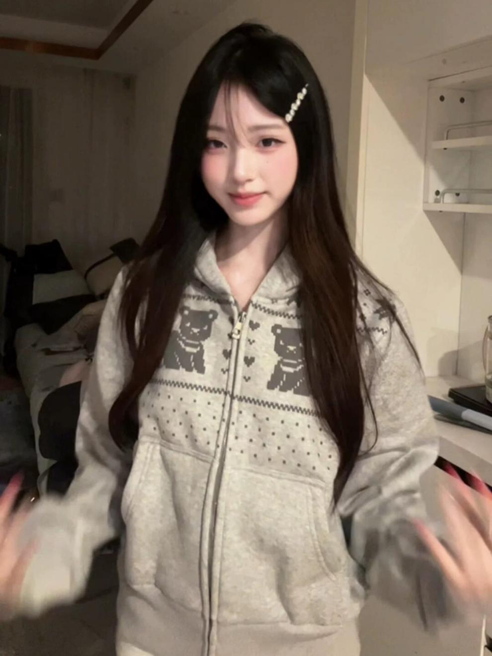 Korean Retro Nordic Bear Print Zip‑Up Hoodie Casual Loose Women Jacket