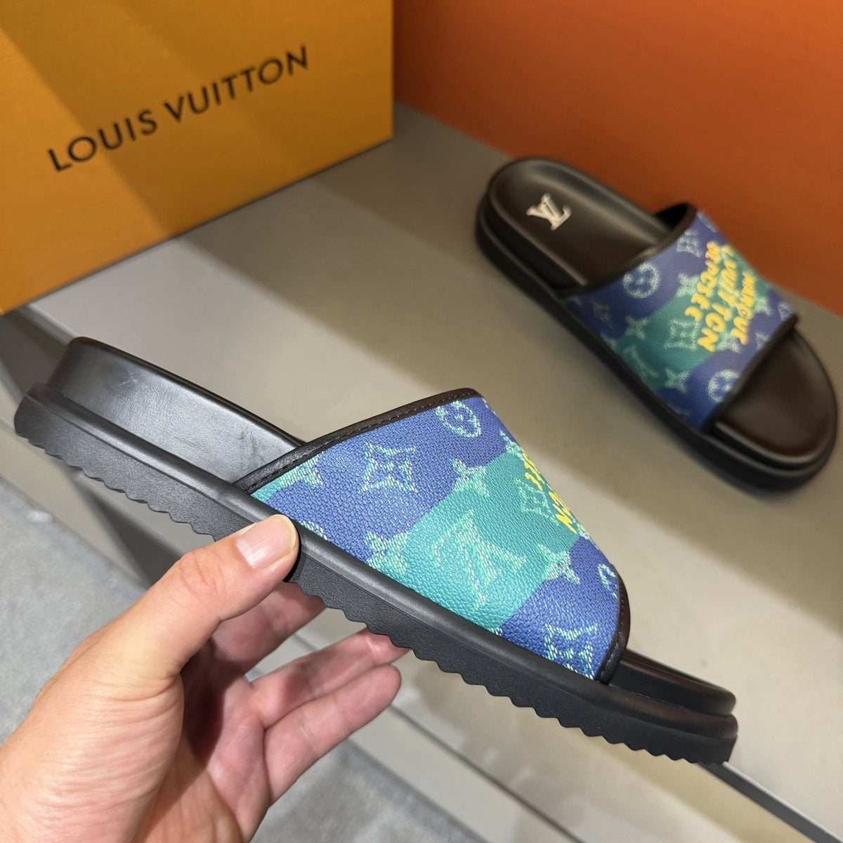 Louis Vuitton Blue & Green Printed Slide Sandals