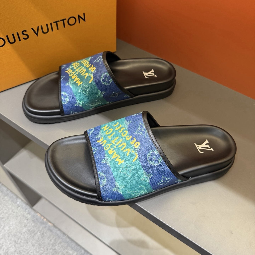Louis Vuitton Blue & Green Printed Slide Sandals