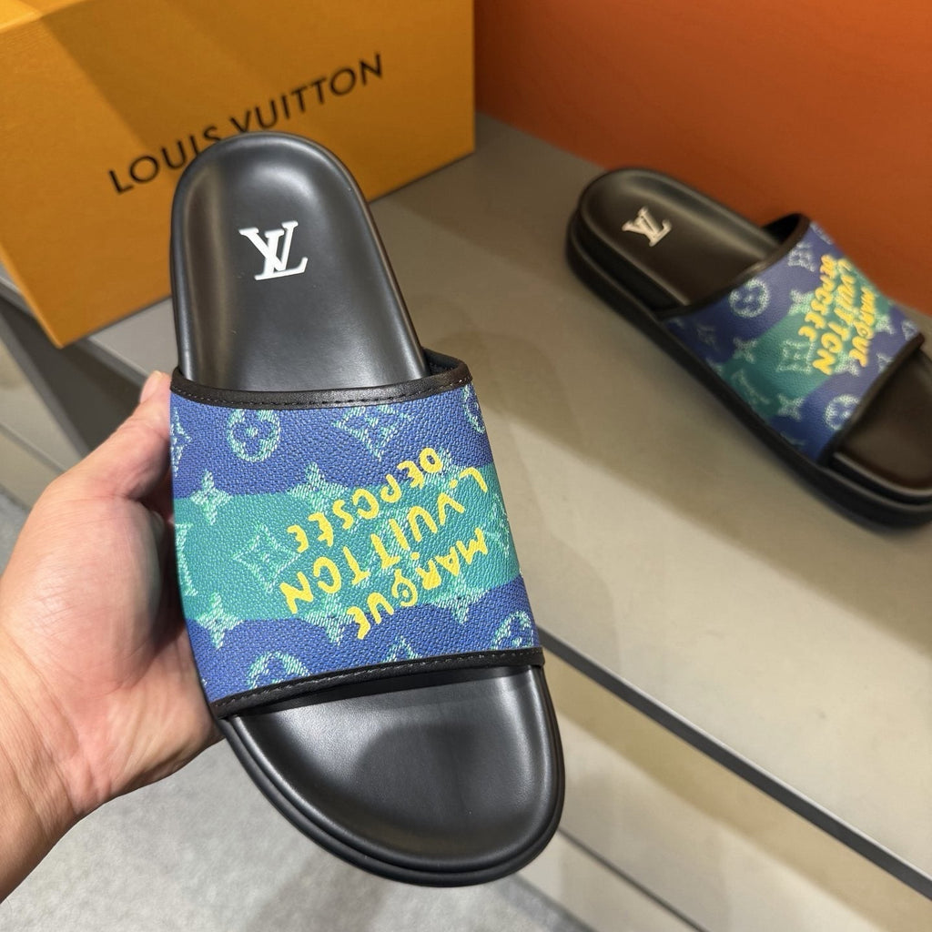 Louis Vuitton Blue & Green Printed Slide Sandals